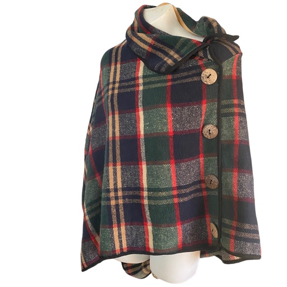 Preppy plaid wood button pullover poncho fleece jacket poncho O/S - Picture 3 of 8